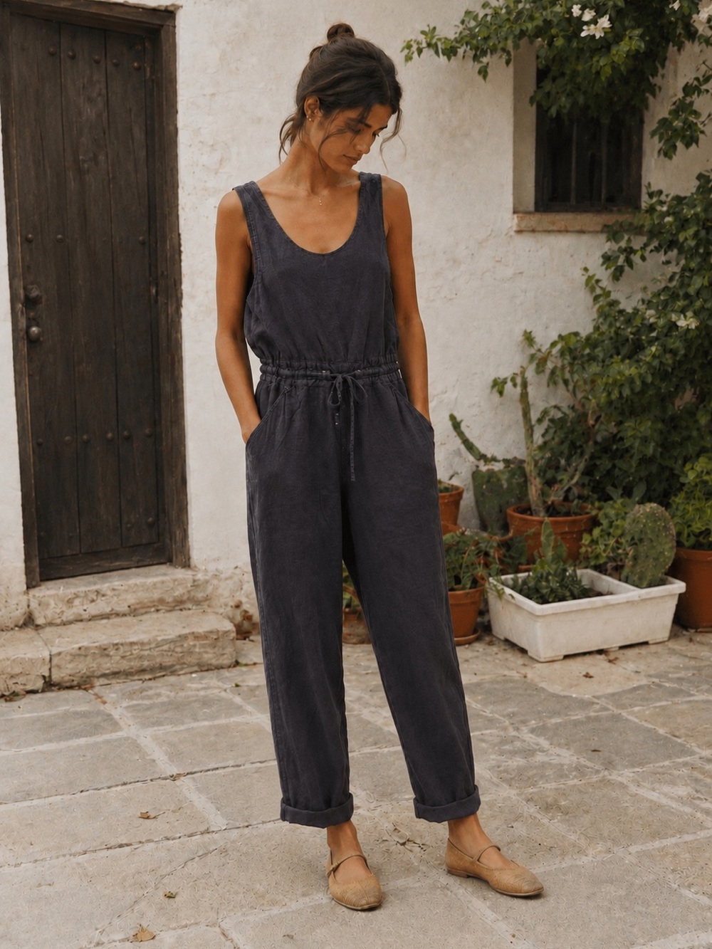 Not perfect linen purple grey linen sleeveless jumpsuit